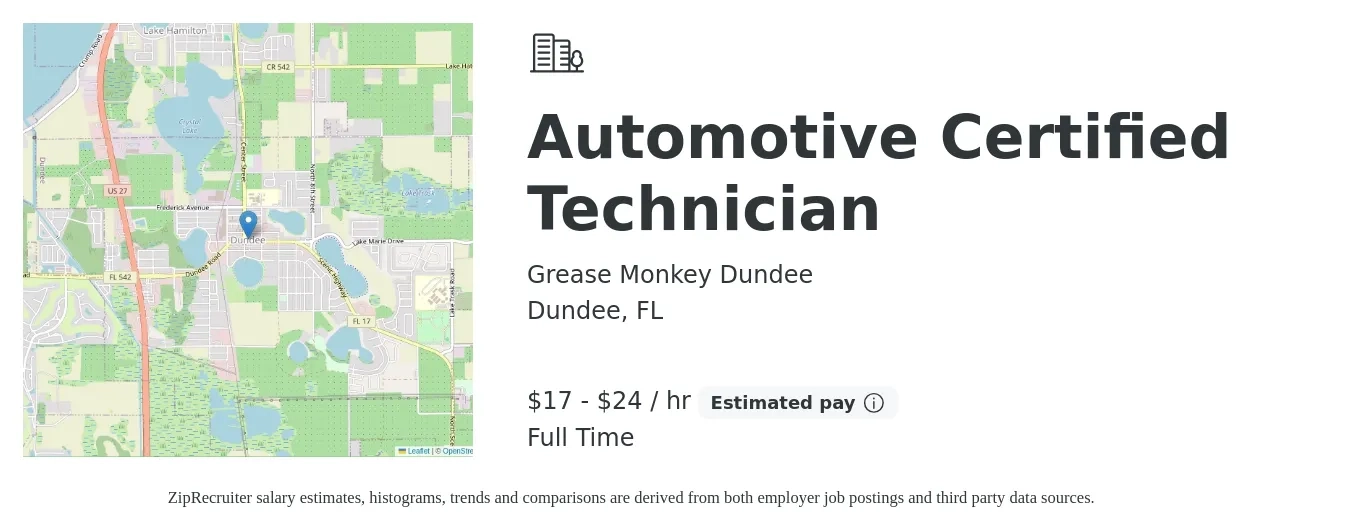 Grease Monkey Dundee job posting for a Automotive Certified Technician in Dundee, FL with a salary of $18 to $25 Hourly with a map of Dundee location.