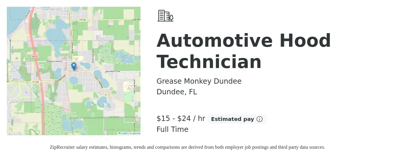 Grease Monkey Dundee job posting for a Automotive Hood Technician in Dundee, FL with a salary of $16 to $25 Hourly with a map of Dundee location.