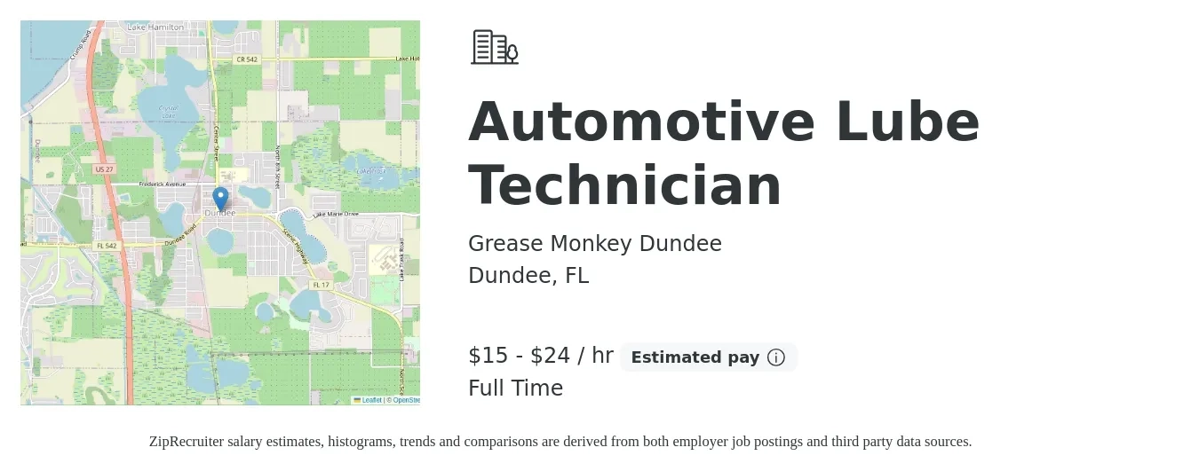 Grease Monkey Dundee job posting for a Automotive Lube Technician in Dundee, FL with a salary of $16 to $25 Hourly with a map of Dundee location.