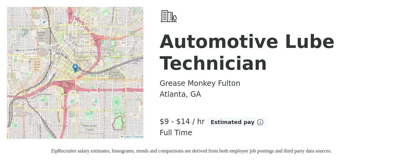 Grease Monkey Fulton job posting for a Automotive Lube Technician in Atlanta, GA with a salary of $10 to $15 Hourly with a map of Atlanta location.