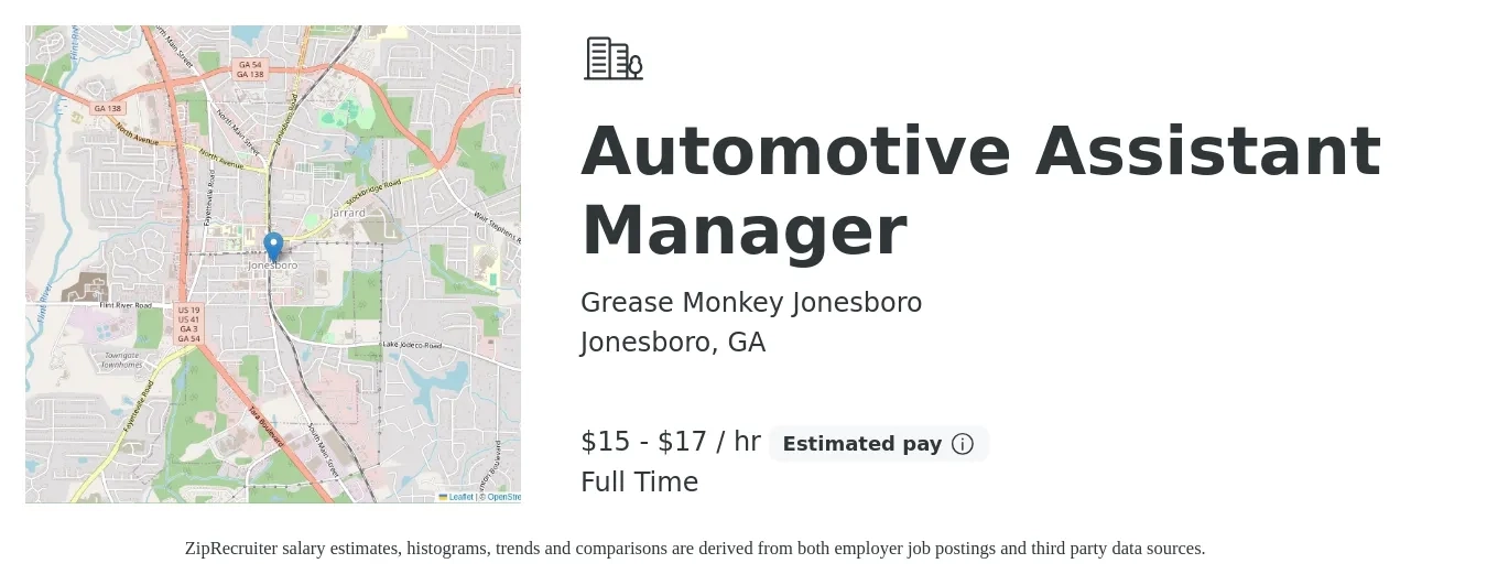 Grease Monkey Jonesboro job posting for a Automotive Assistant Manager in Jonesboro, GA with a salary of $16 to $18 Hourly with a map of Jonesboro location.