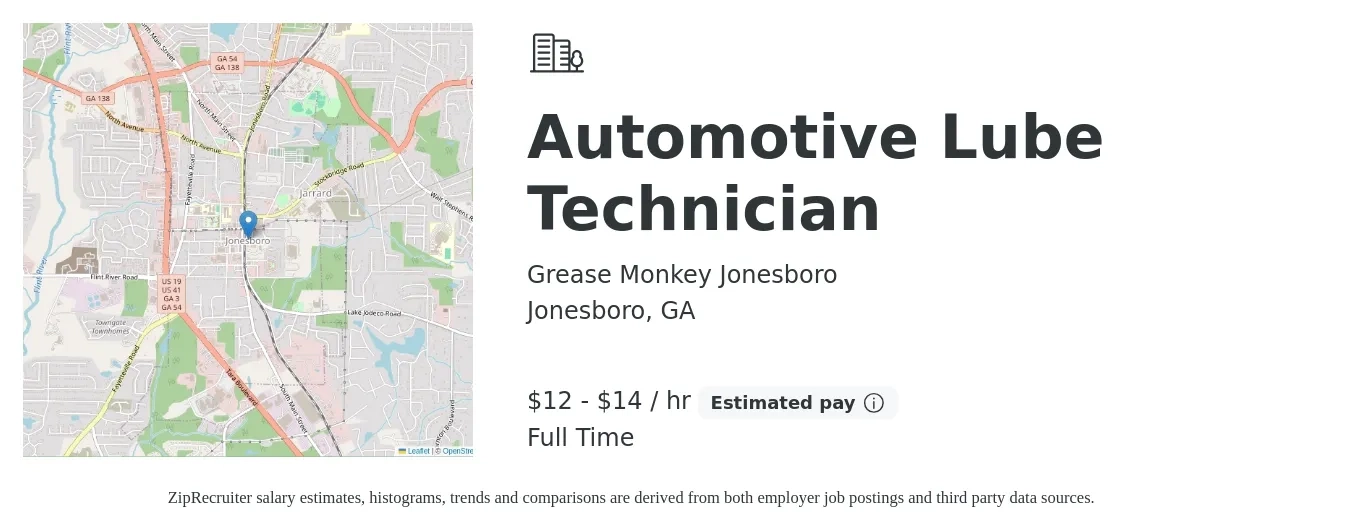 Grease Monkey Jonesboro job posting for a Automotive Lube Technician in Jonesboro, GA with a salary of $13 to $15 Hourly with a map of Jonesboro location.