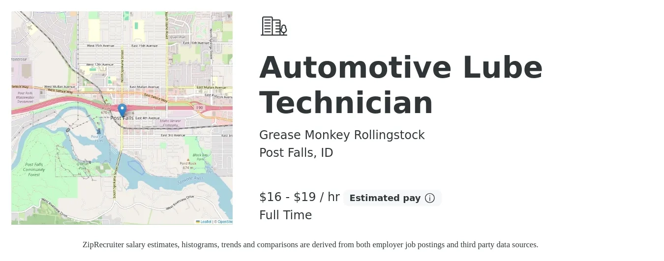 Grease Monkey Rollingstock job posting for a Automotive Lube Technician in Post Falls, ID with a salary of $17 to $20 Hourly with a map of Post Falls location.