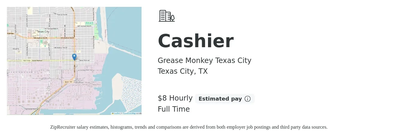 Grease Monkey Texas City job posting for a Cashier in Texas City, TX with a salary of $9 Hourly with a map of Texas City location.