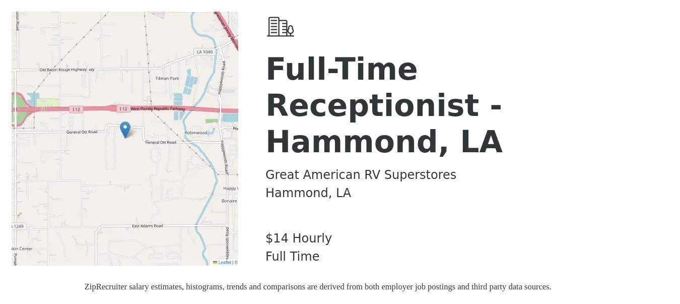 Great American RV Superstores job posting for a Full-Time Receptionist - Hammond, LA in Hammond, LA with a salary of $15 Hourly with a map of Hammond location.
