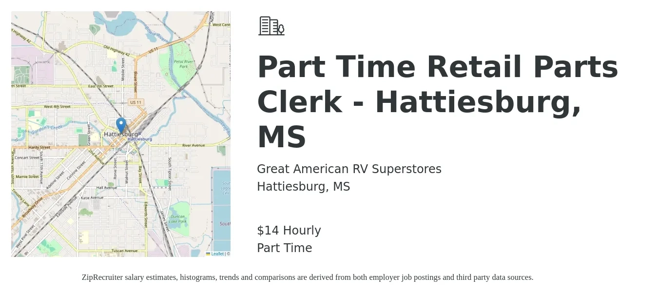 Great American RV Superstores job posting for a Part Time Retail Parts Clerk - Hattiesburg, MS in Hattiesburg, MS with a salary of $15 Hourly with a map of Hattiesburg location.