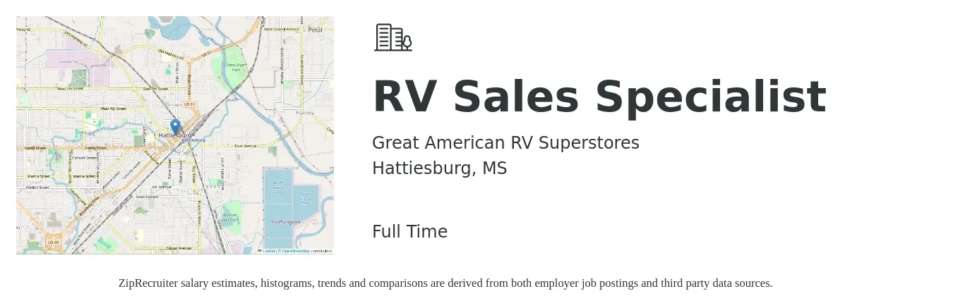Great American RV Superstores job posting for a RV Sales Specialist in Hattiesburg, MS with a salary of $1,500 Weekly with a map of Hattiesburg location.