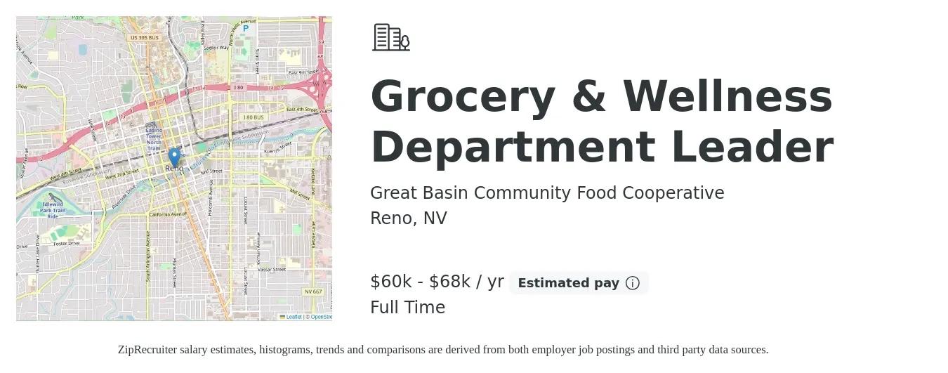 Great Basin Community Food Cooperative job posting for a Grocery & Wellness Department Leader in Reno, NV with a salary of $60,000 to $68,000 Yearly with a map of Reno location.