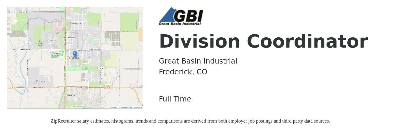 Great Basin Industrial job posting for a Division Coordinator in Frederick, CO with a salary of $24 to $38 Hourly with a map of Frederick location.