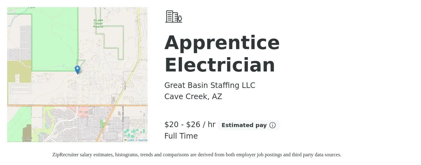 Great Basin Staffing LLC job posting for a Apprentice Electrician in Cave Creek, AZ with a salary of $20 to $27 Hourly with a map of Cave Creek location.