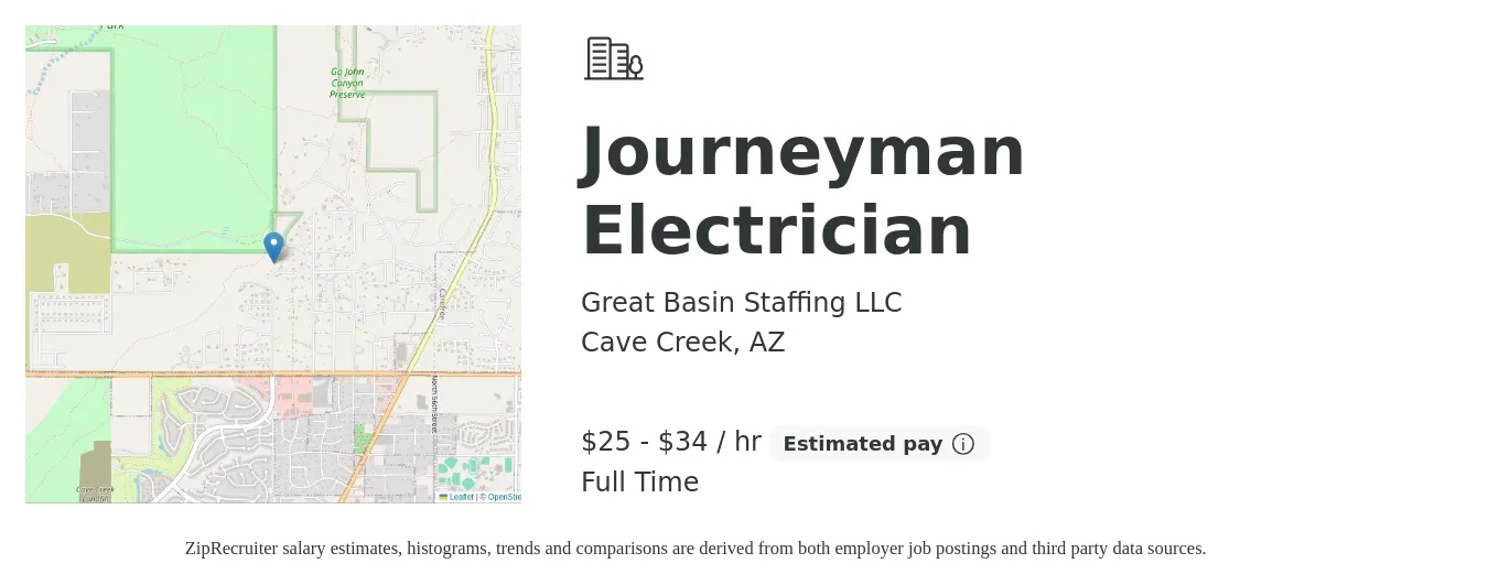 Great Basin Staffing LLC job posting for a Journeyman Electrician in Cave Creek, AZ with a salary of $28 to $39 Hourly with a map of Cave Creek location.