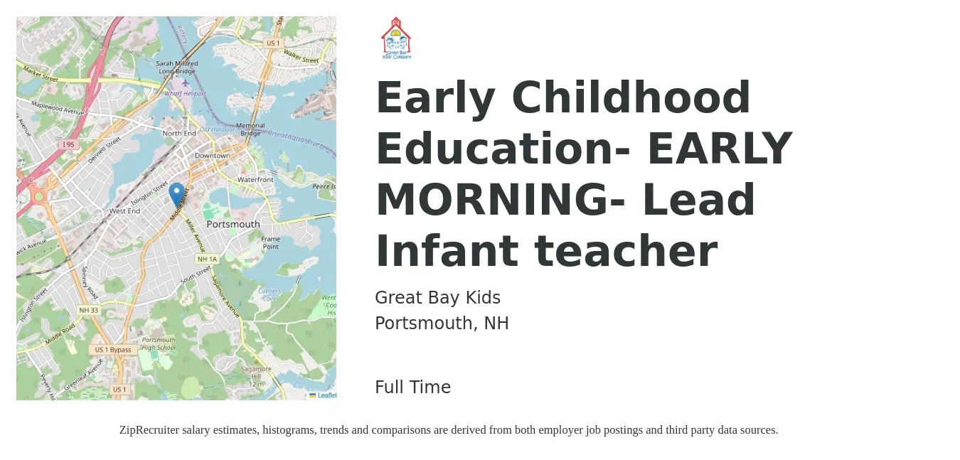 Great Bay Kids job posting for a Early Childhood Education- EARLY MORNING- Lead Infant teacher in Portsmouth, NH with a salary of $16 to $20 Hourly with a map of Portsmouth location.