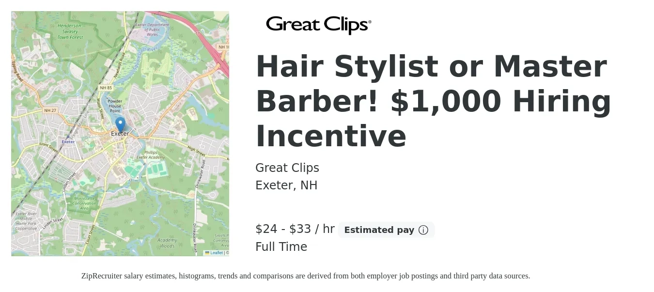Great Clips job posting for a Hair Stylist or Master Barber! $1,000 Hiring Incentive in Exeter, NH with a salary of $25 to $35 Hourly and benefits including pto, and retirement with a map of Exeter location.