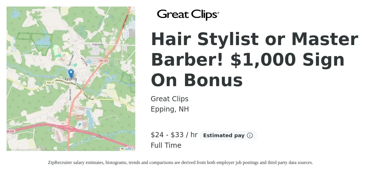 Great Clips job posting for a Hair Stylist or Master Barber! $1,000 Sign On Bonus in Epping, NH with a salary of $25 to $35 Hourly and benefits including pto, and retirement with a map of Epping location.