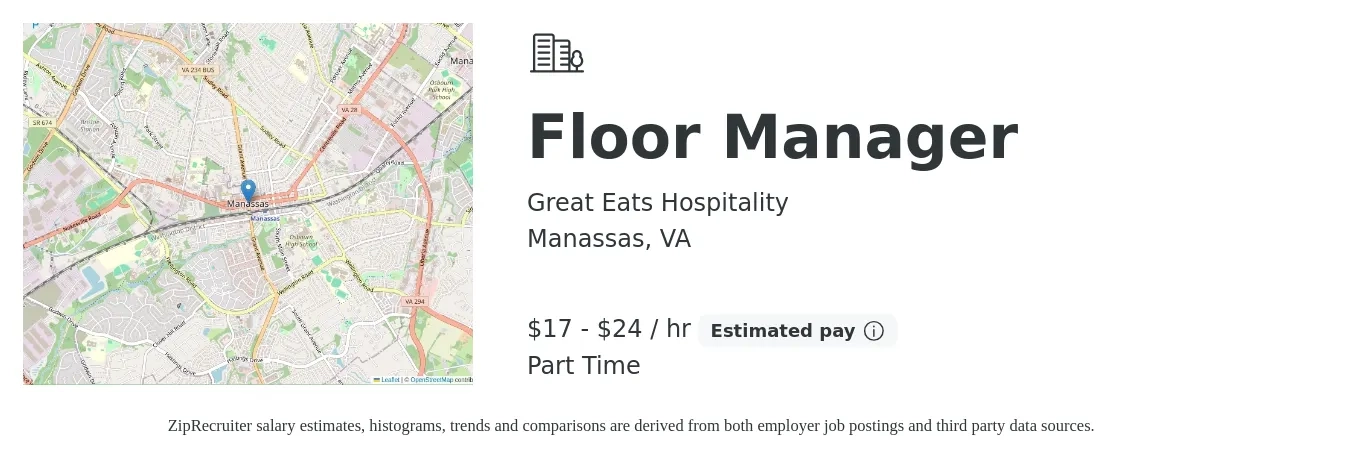 Great Eats Hospitality job posting for a Floor Manager in Manassas, VA with a salary of $18 to $25 Hourly with a map of Manassas location.