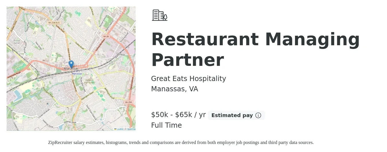 Great Eats Hospitality job posting for a Restaurant Managing Partner in Manassas, VA with a salary of $50,000 to $65,000 Yearly with a map of Manassas location.
