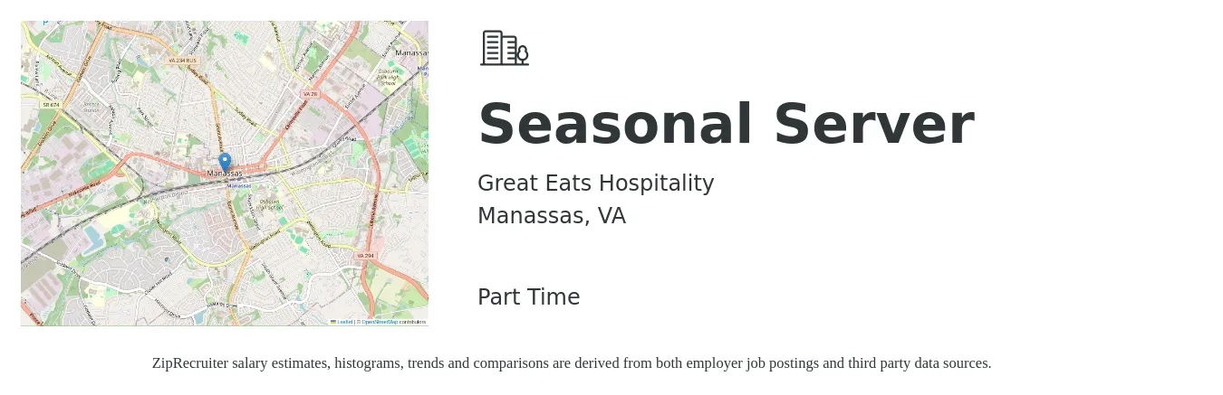 Great Eats Hospitality job posting for a Seasonal Server in Manassas, VA with a salary of $11 to $18 Hourly with a map of Manassas location.