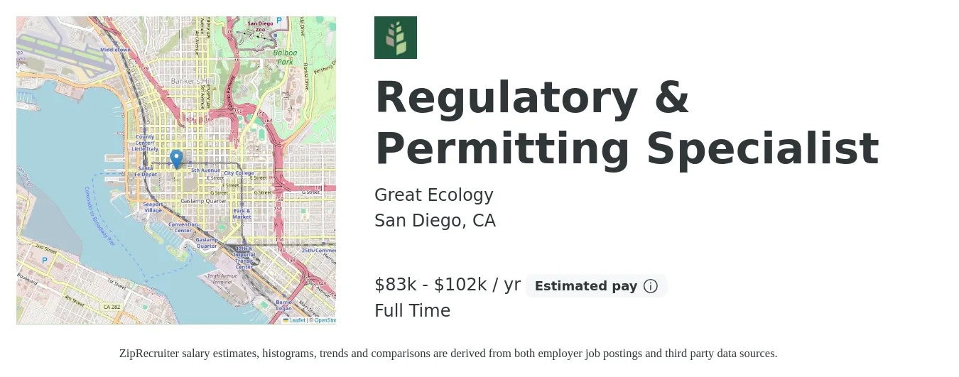 Great Ecology job posting for a Regulatory & Permitting Specialist in San Diego, CA with a salary of $83,000 to $102,000 Yearly with a map of San Diego location.