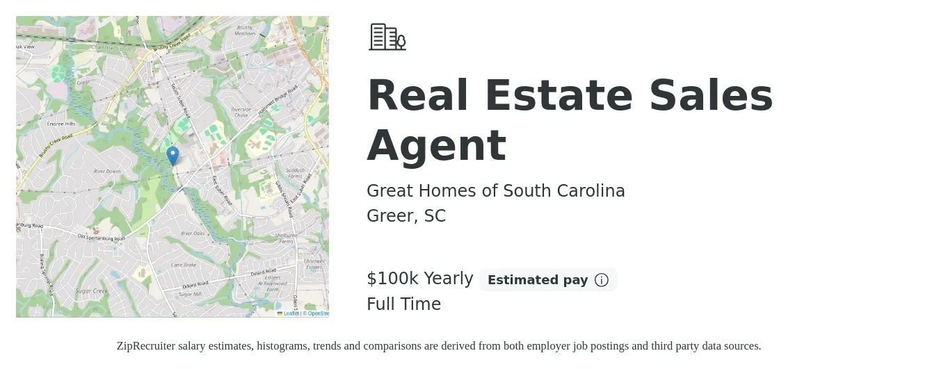 Great Homes of South Carolina job posting for a Real Estate Sales Agent in Greer, SC with a salary of $100,000 Yearly with a map of Greer location.