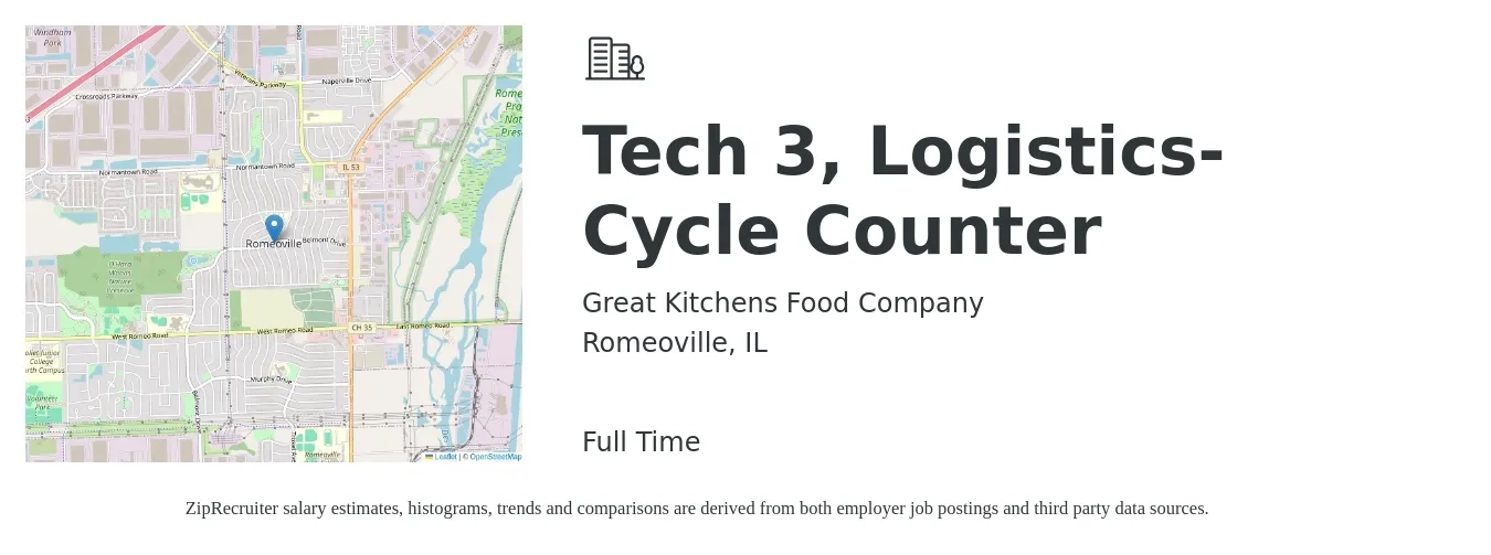 Great Kitchens Food Company, Inc. job posting for a Tech 3, Logistics-Cycle Counter in Romeoville, IL with a salary of $43,300 to $67,800 Yearly with a map of Romeoville location.