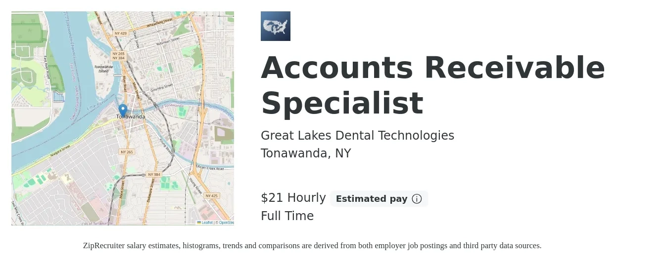 Great Lakes Dental Technologies job posting for a Accounts Receivable Specialist in Tonawanda, NY with a salary of $22 Hourly with a map of Tonawanda location.