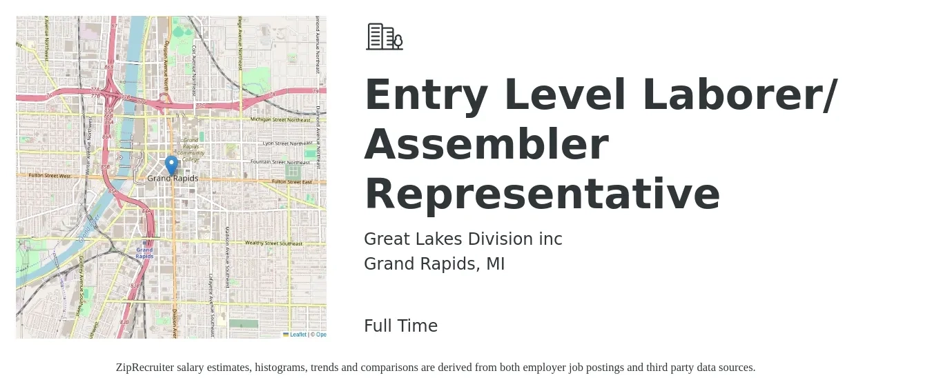 Great Lakes Division inc job posting for a Entry Level Laborer/ Assembler Representative in Grand Rapids, MI with a salary of $16 to $21 Hourly with a map of Grand Rapids location.