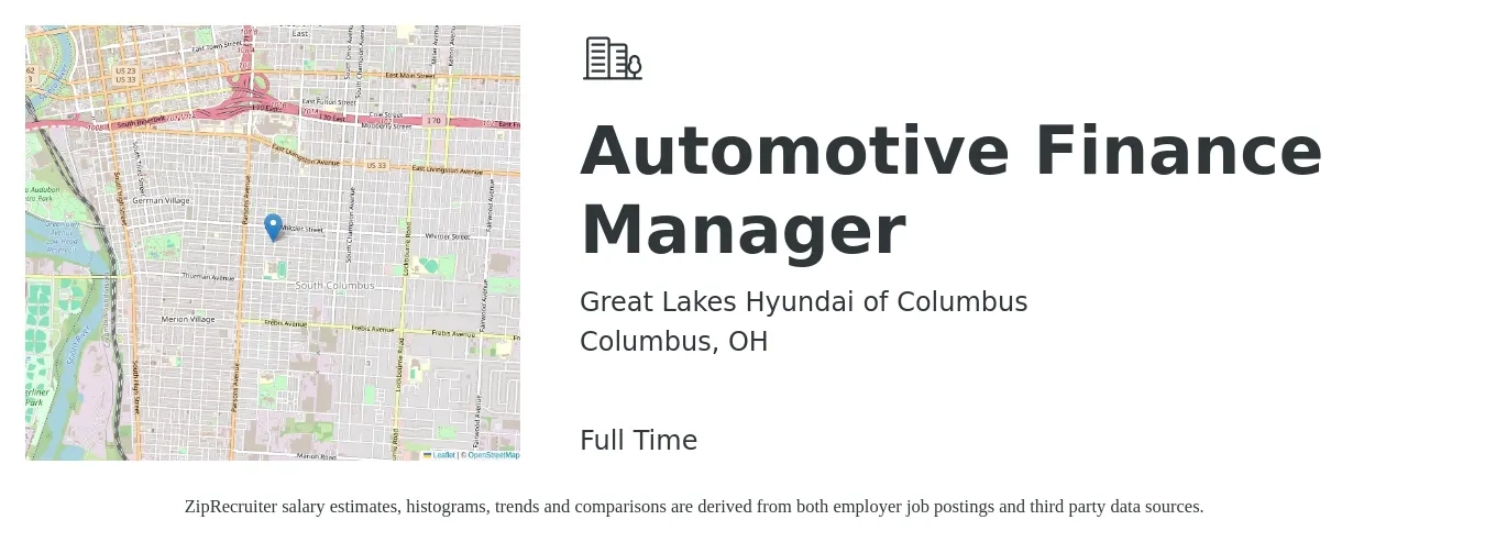 Great Lakes Hyundai of Columbus job posting for a Automotive Finance Manager in Columbus, OH with a salary of $102,900 to $168,100 Yearly with a map of Columbus location.