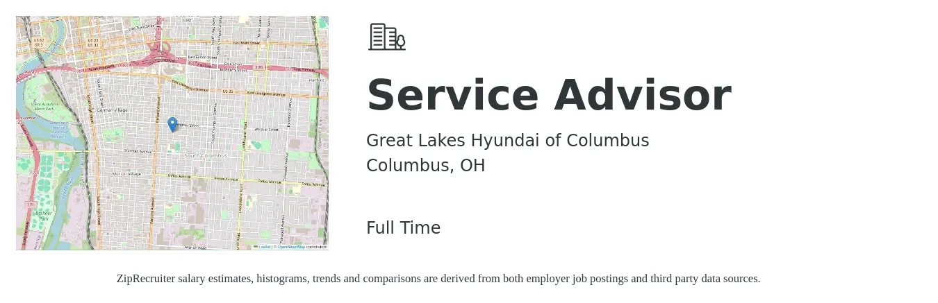 Great Lakes Hyundai of Columbus job posting for a Service Advisor in Columbus, OH with a salary of $18 to $30 Hourly with a map of Columbus location.
