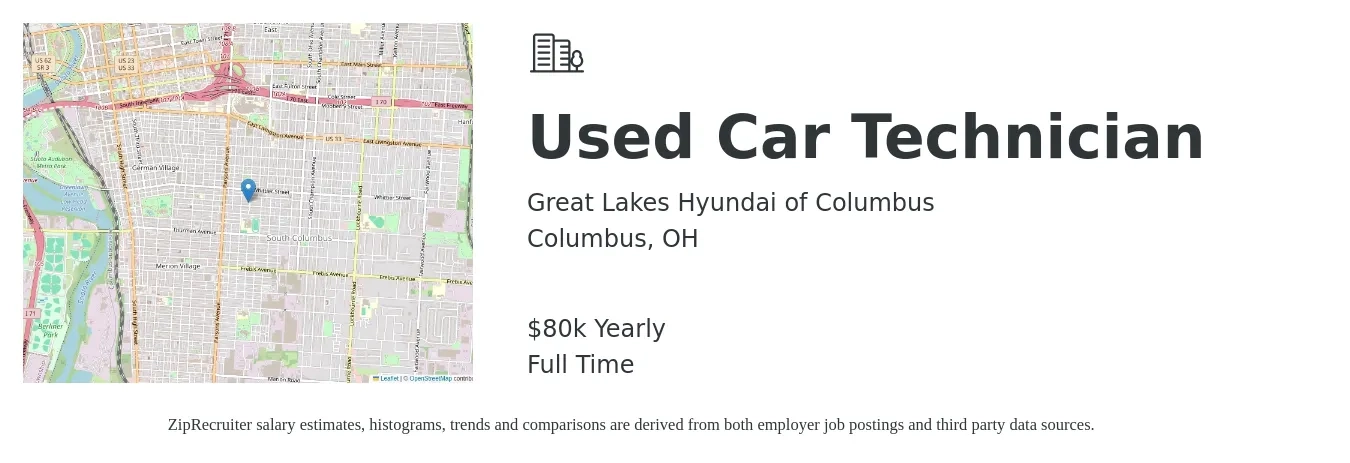 Great Lakes Hyundai of Columbus job posting for a Used Car Technician in Columbus, OH with a salary of $80,000 Yearly with a map of Columbus location.