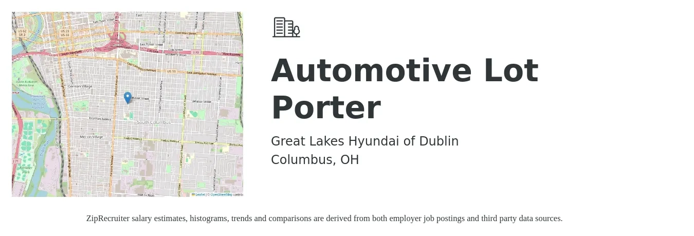 Great Lakes Hyundai of Dublin job posting for a Automotive Lot Porter in Columbus, OH with a salary of $14 to $16 Hourly with a map of Columbus location.