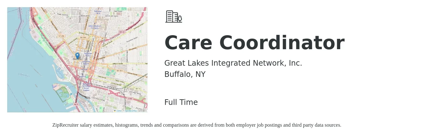 Great Lakes Integrated Network, Inc. job posting for a Care Coordinator in Buffalo, NY with a salary of $18 to $24 Hourly with a map of Buffalo location.