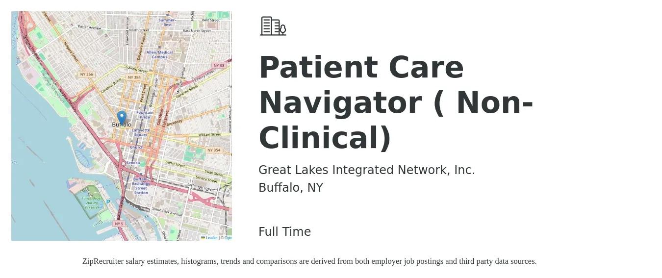 Great Lakes Integrated Network, Inc. job posting for a Patient Care Navigator ( Non-Clinical) in Buffalo, NY with a salary of $18 to $23 Hourly with a map of Buffalo location.