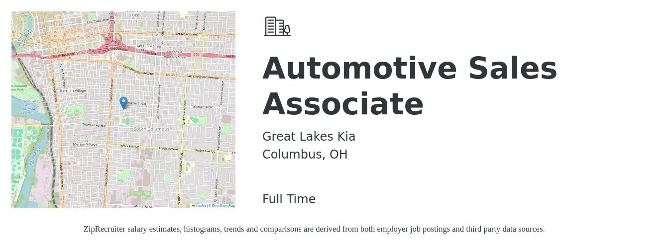 Great Lakes Kia job posting for a Automotive Sales Associate in Columbus, OH with a salary of $16 to $25 Hourly with a map of Columbus location.