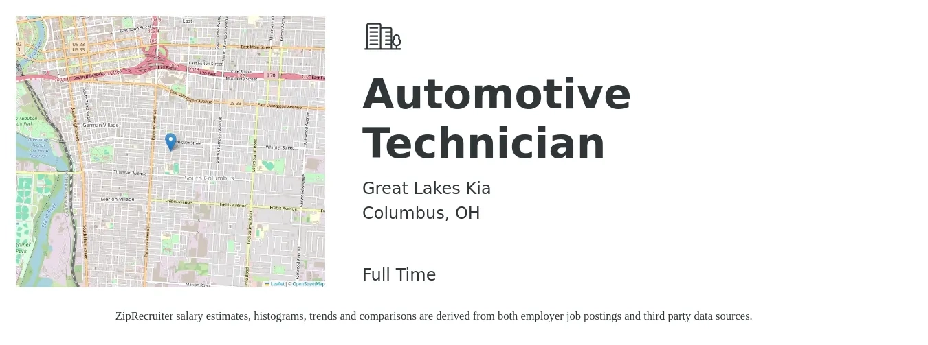 Great Lakes Kia job posting for a Automotive Technician in Columbus, OH with a salary of $21 to $34 Hourly with a map of Columbus location.