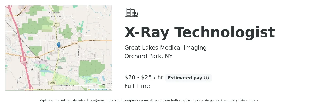 Great Lakes Medical Imaging job posting for a X-Ray Technologist in Orchard Park, NY with a salary of $21 to $26 Hourly with a map of Orchard Park location.