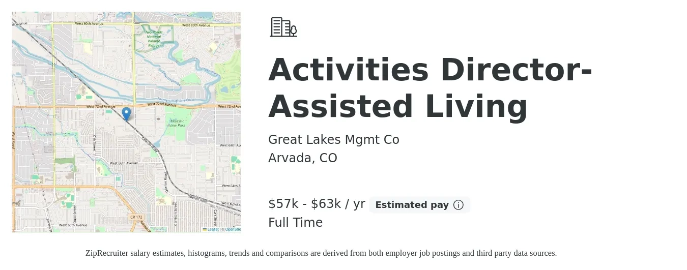 Great Lakes Mgmt Co job posting for a Activities Director-Assisted Living in Arvada, CO with a salary of $57,000 to $63,000 Yearly with a map of Arvada location.