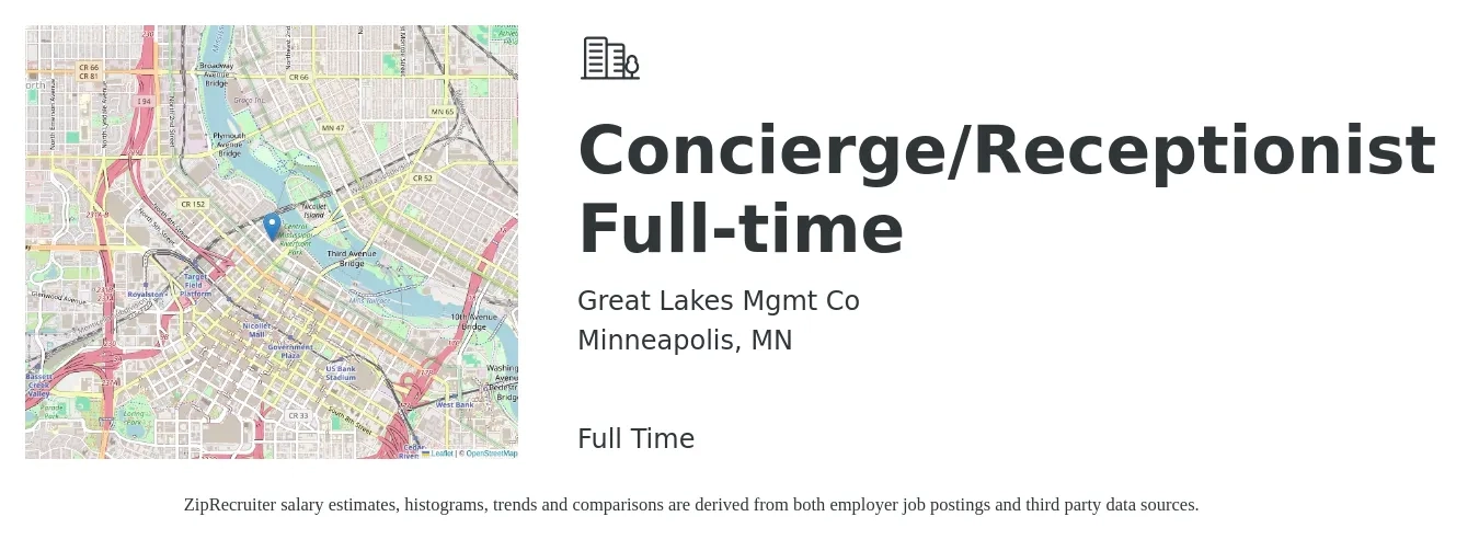 Great Lakes Mgmt Co job posting for a Concierge/Receptionist Full-time in Minneapolis, MN with a salary of $15 to $18 Hourly with a map of Minneapolis location.