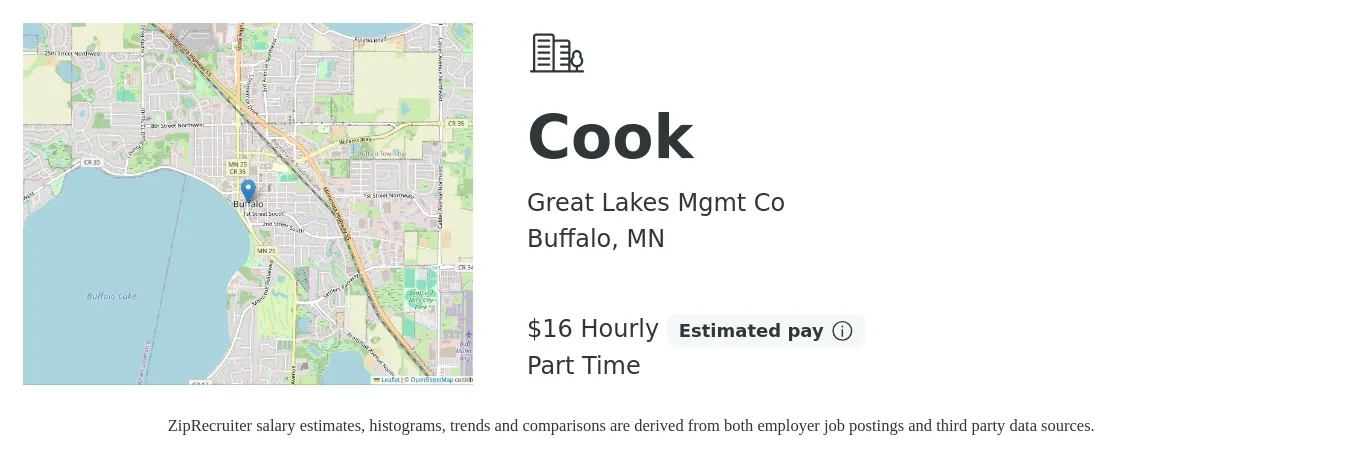 Great Lakes Mgmt Co job posting for a Cook in Buffalo, MN with a salary of $17 Hourly with a map of Buffalo location.