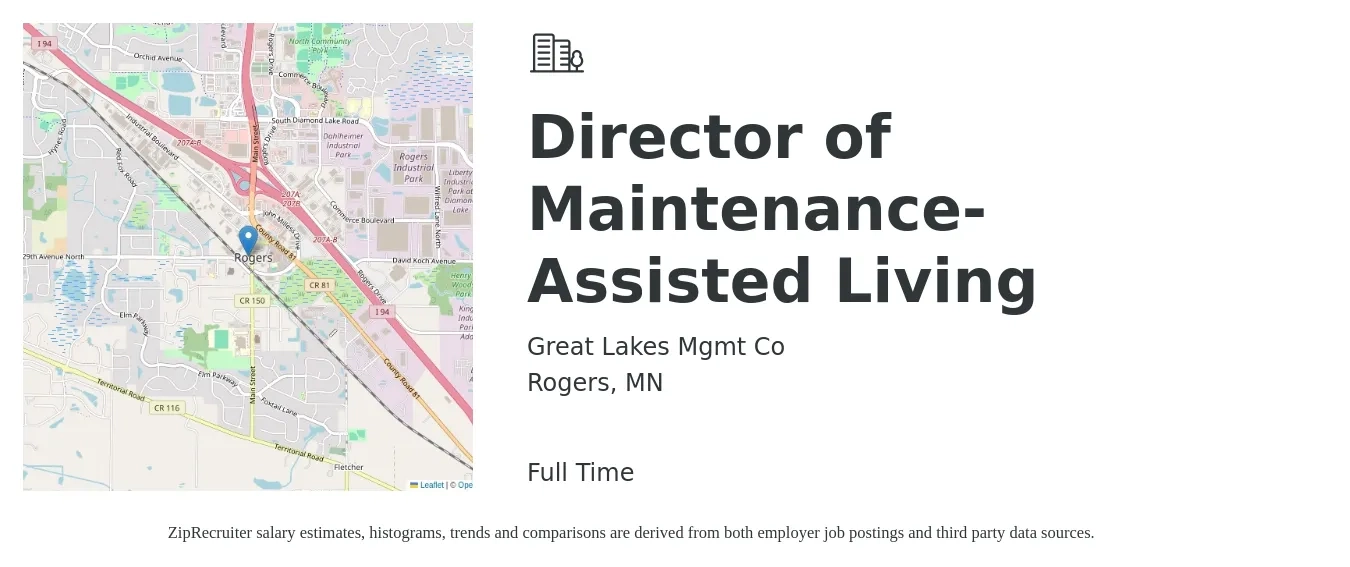 Great Lakes Mgmt Co job posting for a Director of Maintenance-Assisted Living in Rogers, MN with a salary of $56,000 to $63,000 Yearly with a map of Rogers location.