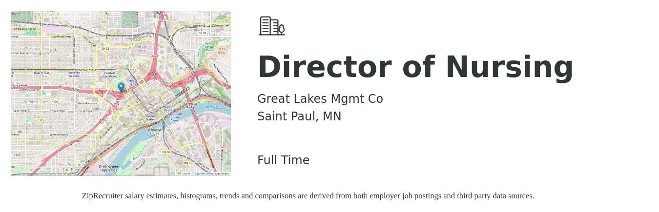 Great Lakes Mgmt Co job posting for a Director of Nursing in Saint Paul, MN with a salary of $90,000 to $100,000 Yearly with a map of Saint Paul location.