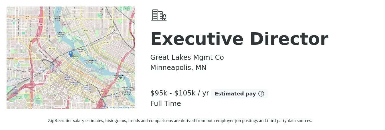 Great Lakes Mgmt Co job posting for a Executive Director in Minneapolis, MN with a salary of $85,000 to $100,000 Yearly with a map of Minneapolis location.
