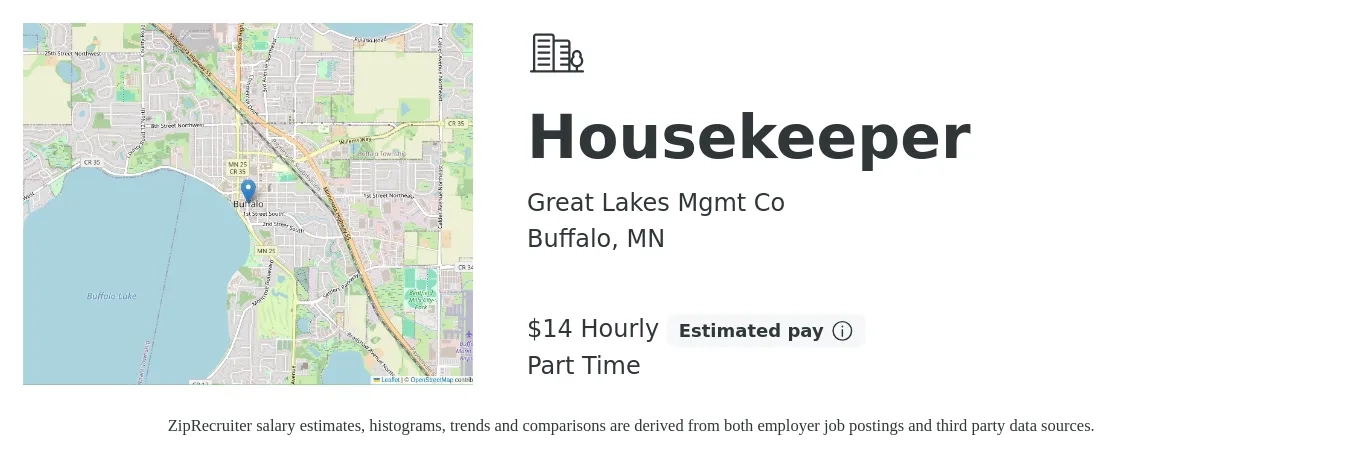 Great Lakes Mgmt Co job posting for a Housekeeper in Buffalo, MN with a salary of $15 Hourly with a map of Buffalo location.