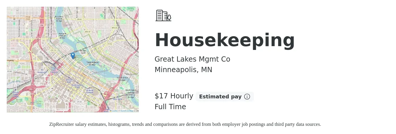 Great Lakes Mgmt Co job posting for a Housekeeping in Minneapolis, MN with a salary of $18 Hourly with a map of Minneapolis location.
