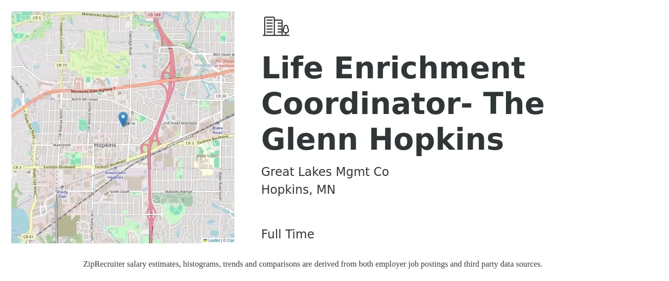 Great Lakes Mgmt Co job posting for a Life Enrichment Coordinator- The Glenn Hopkins in Hopkins, MN with a salary of $16 to $22 Hourly with a map of Hopkins location.