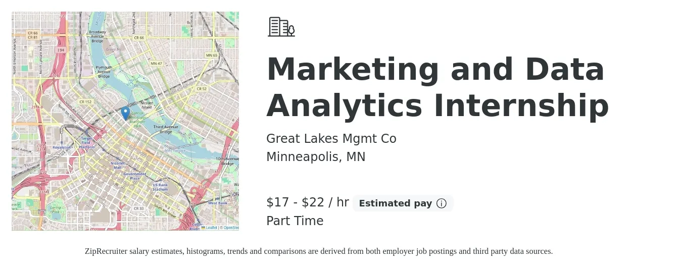 Great Lakes Mgmt Co job posting for a Marketing and Data Analytics Internship in Minneapolis, MN with a salary of $18 to $23 Hourly with a map of Minneapolis location.
