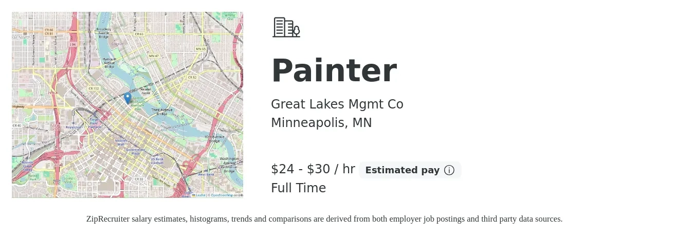 Great Lakes Mgmt Co job posting for a Painter in Minneapolis, MN with a salary of $25 to $32 Hourly with a map of Minneapolis location.