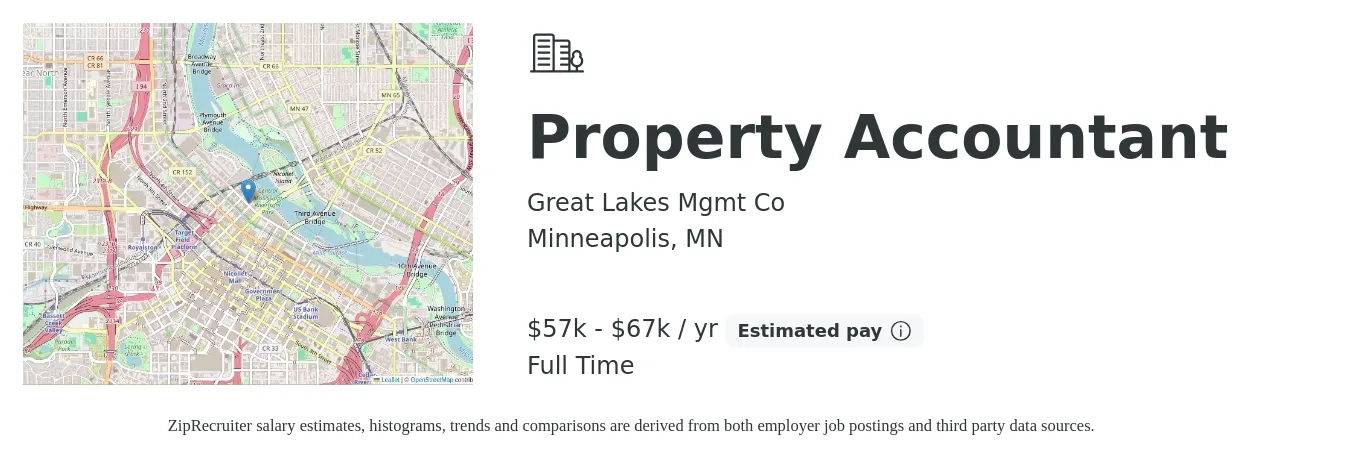 Great Lakes Mgmt Co job posting for a Property Accountant in Minneapolis, MN with a salary of $57,000 to $67,000 Yearly with a map of Minneapolis location.