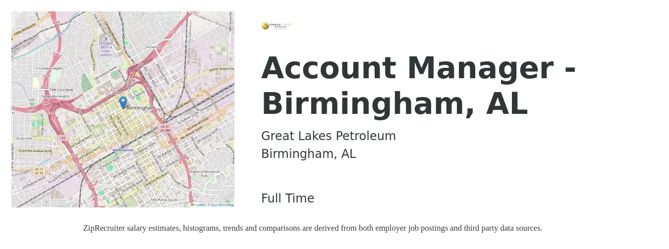 Great Lakes Petroleum job posting for a Account Manager - Birmingham, AL in Birmingham, AL with a salary of $45,000 to $73,600 Yearly with a map of Birmingham location.