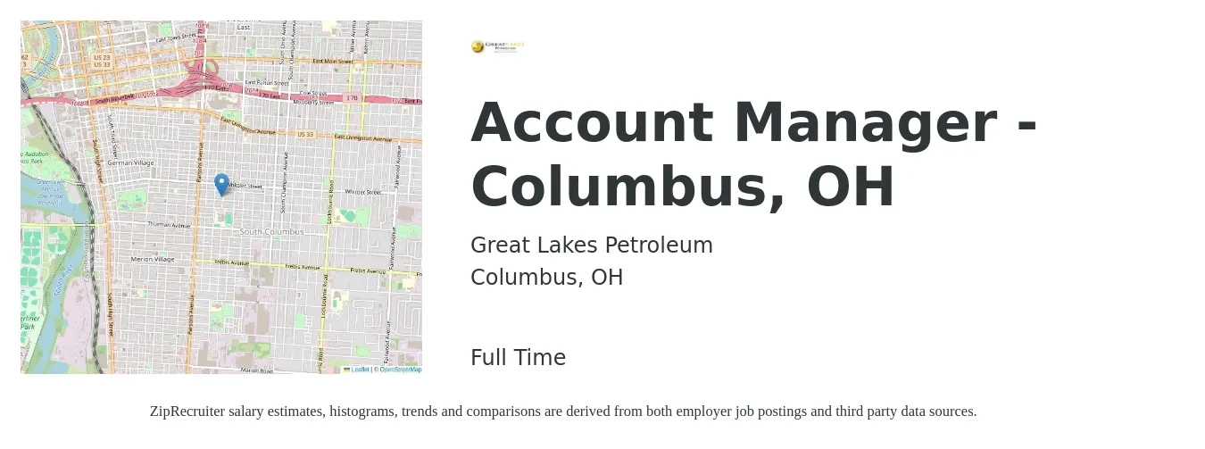 Great Lakes Petroleum job posting for a Account Manager - Columbus, OH in Columbus, OH with a salary of $44,100 to $72,000 Yearly with a map of Columbus location.