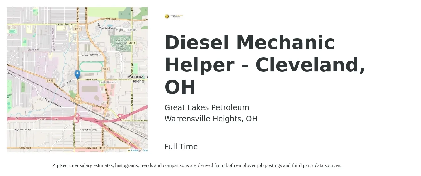 Great Lakes Petroleum job posting for a Diesel Mechanic Helper - Cleveland, OH in Warrensville Heights, OH with a salary of $24 to $31 Hourly with a map of Warrensville Heights location.